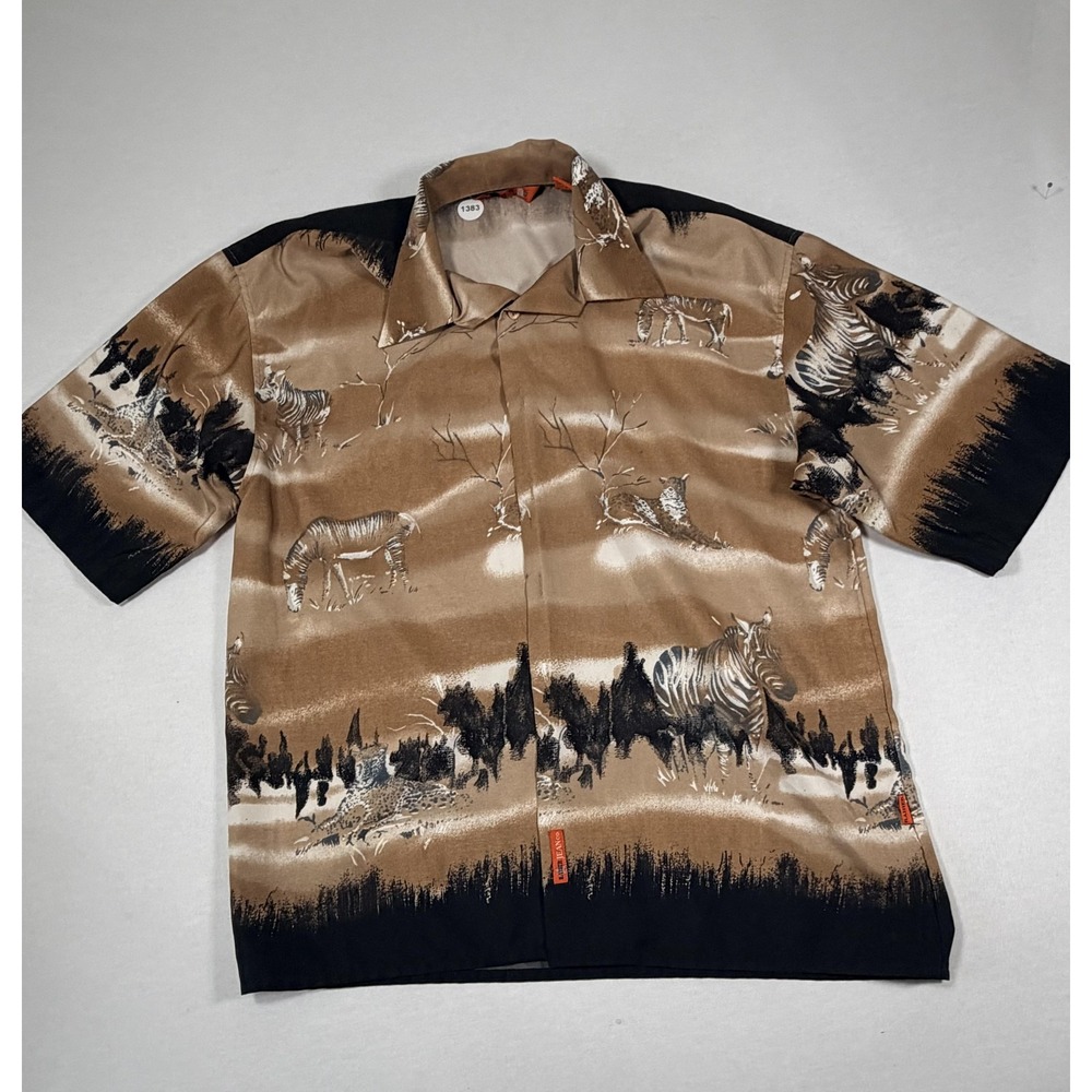 Raider Shirt Mens Large Brown Safari Wildlife Graphic Button Up Polyester Casual